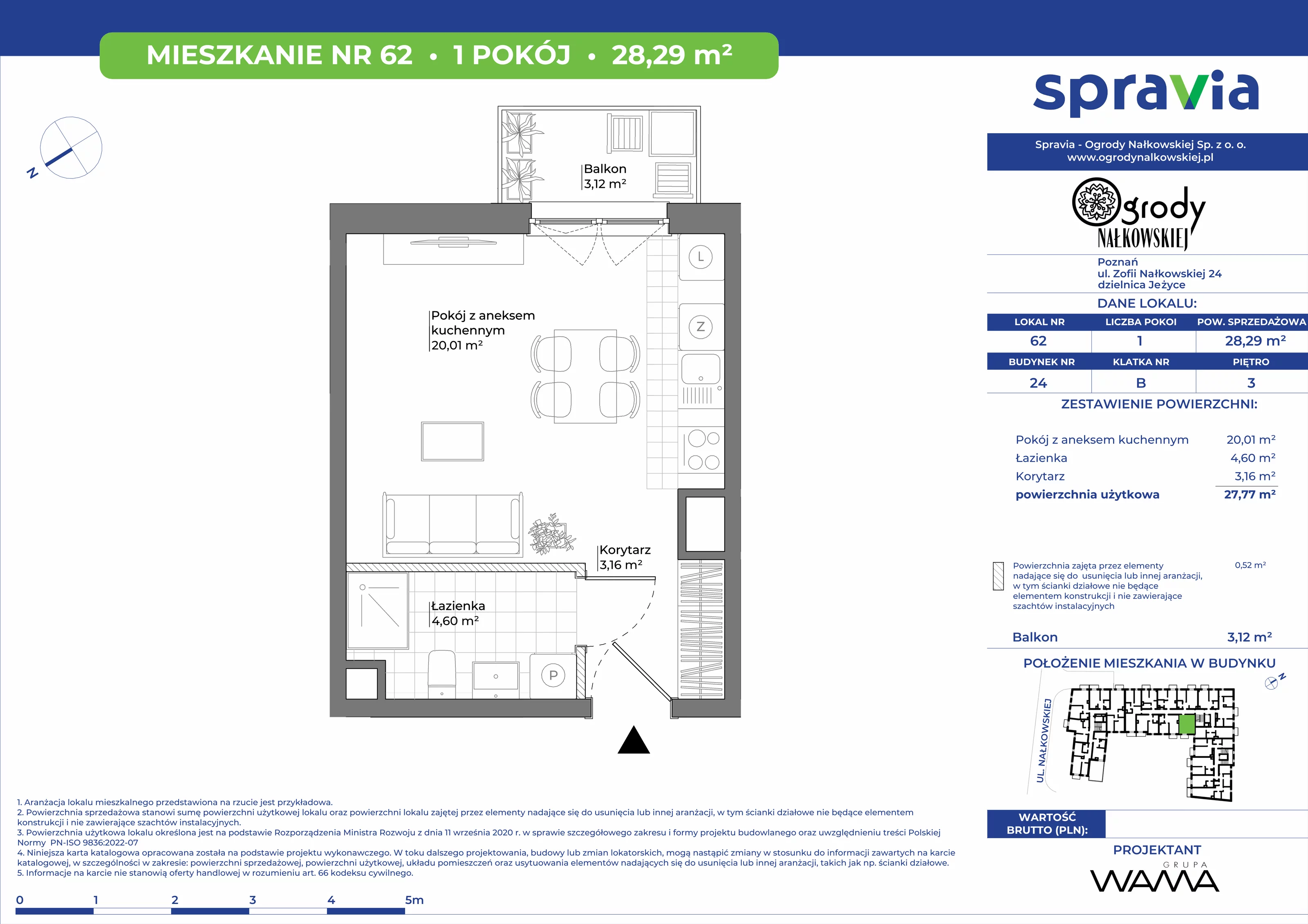 1 pokój, mieszkanie 28,29 m², piętro 3, oferta nr 24-62, Ogrody Nałkowskiej, Poznań, Ogrody, ul. Nałkowskiej 24, 26